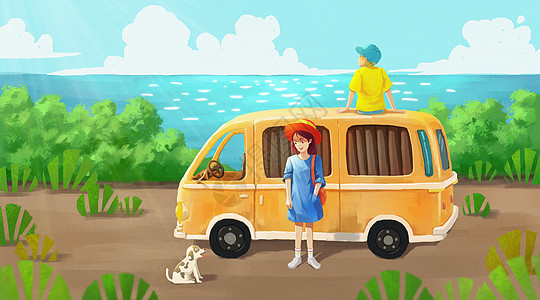 夏季车旅行度假的情侣插画