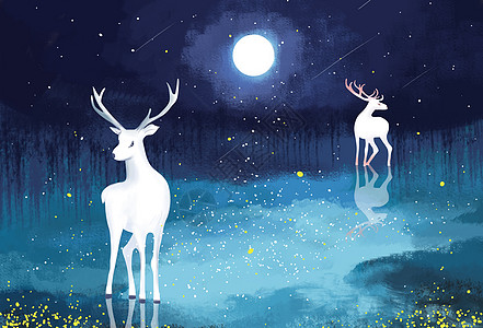 森林夜空手绘欧式星空鹿插画
