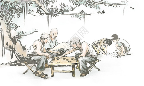 下棋公园小暑纳凉插画