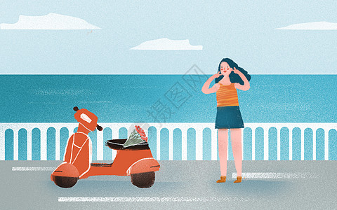 海边骑车最好的时光在路上插画