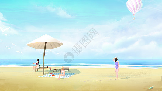 旅途美女夏日里的太阳伞插画