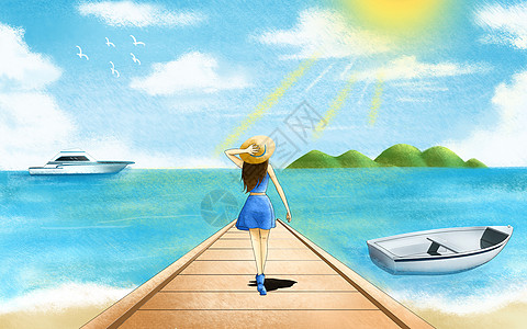 沙滩木板海边旅游插画插画