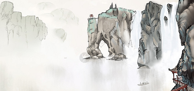 桂林瀑布水墨背景插画