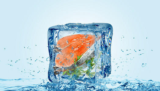 创意清凉冰块里三文鱼背景图片