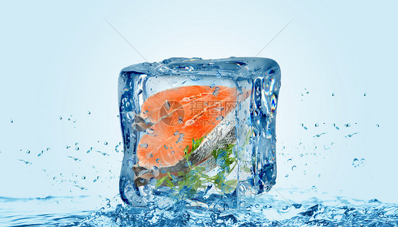 创意清凉冰块里三文鱼图片