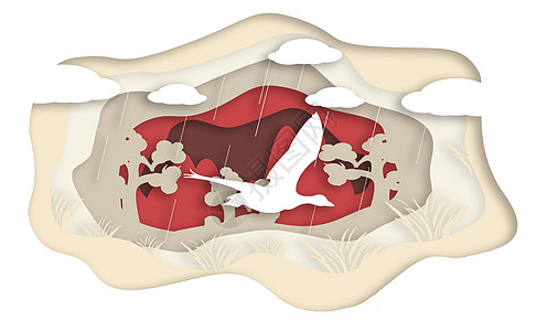 树木大雁立体剪纸背景图片