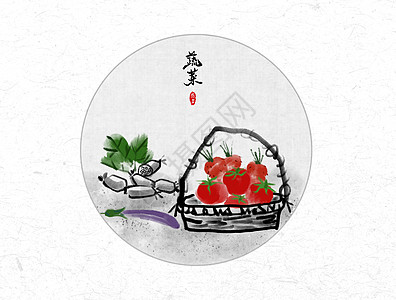 鲍汁娃娃菜蔬菜中国风水墨画插画