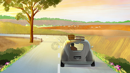 美式乡村风格旅行车在路上插画