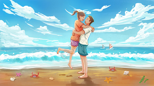 情侣海边度假海边度假的情侣插画