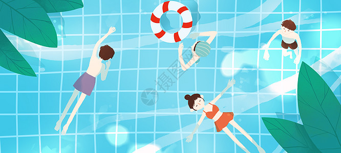 清凉夏日游泳池插画