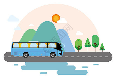 旅行路上的风景坐巴士去旅行插画