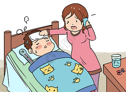 儿童感冒儿童生病漫画插画