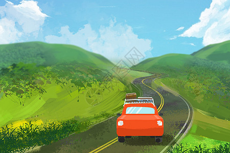 阿拉斯加自驾游旅行在路上插画