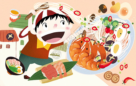 日式拉面享受旅途美食插画