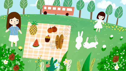 可爱小清新旅行郊游野餐插画图片