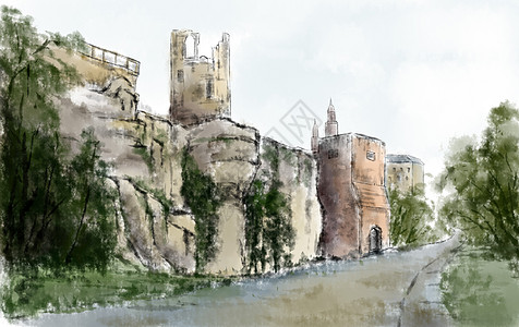 欧洲城堡卢森堡街景插画