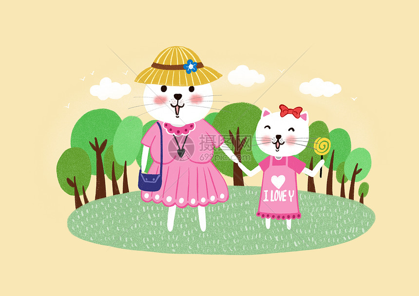 猫母女逛街清新插画手绘图片