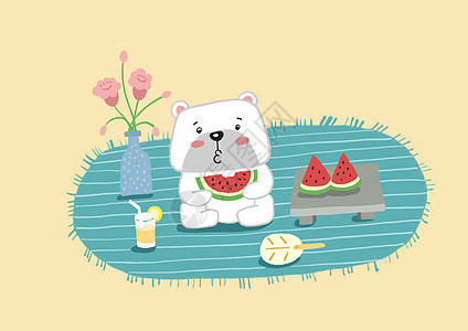 夏天小熊吃西瓜插画手绘图片