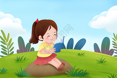 儿童阅读草地书风景高清图片