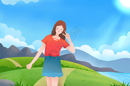 学生美女女生假期旅行拍照插画