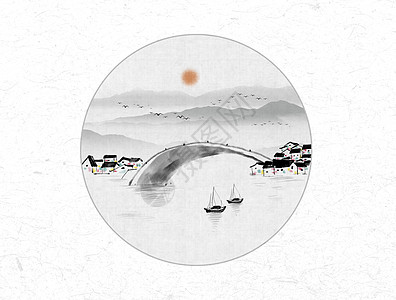 桥  海山水风景中国风水墨画插画