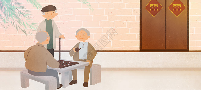 培训桌老年人下棋插画