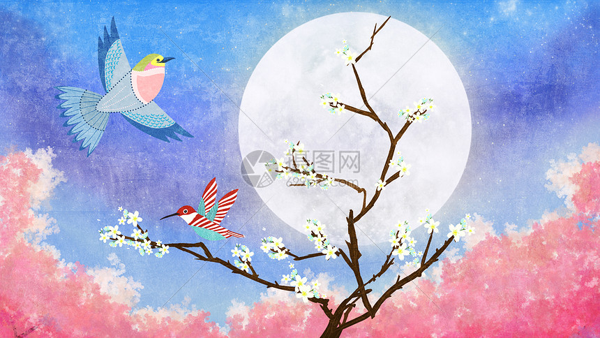 月光下的小鸟与梅花树清新插画图片