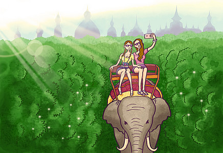 美女在泰国旅游骑大象自拍图片