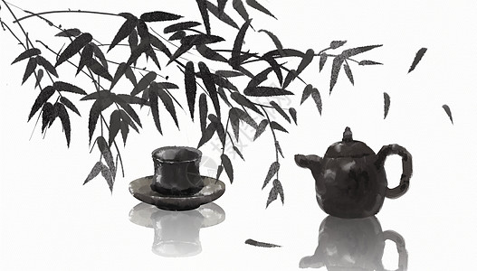 陶瓷茶具中国风水墨茶插画