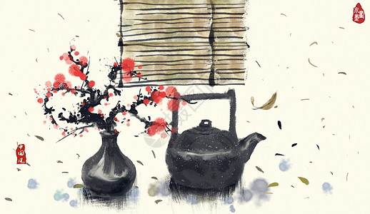 陶瓷茶具中国风水墨茶艺插画