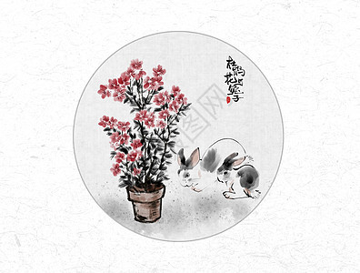 杜鹃花与兔子中国风水墨画图片