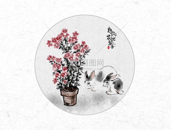 杜鹃花与兔子中国风水墨画图片