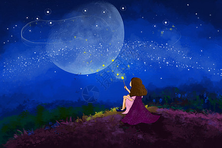 童年童趣夏夜星空下的魔法女孩背景图片