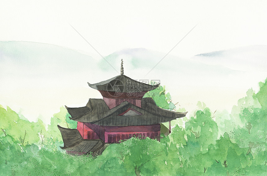 水彩画 原画 中国古建 絵画