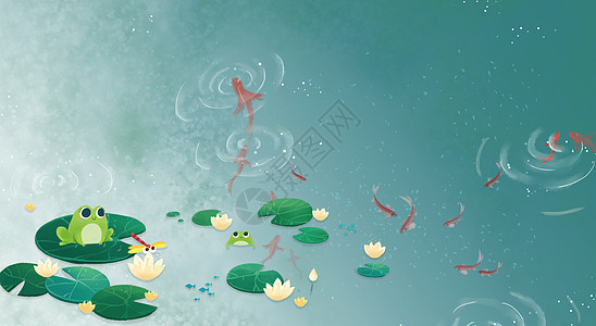 夏季水面鱼塘插画高清图片