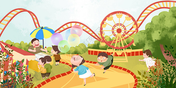 欢乐孩子暑假儿童欢乐游乐园插画