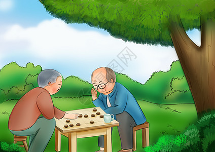 下棋公园树下乘凉插画