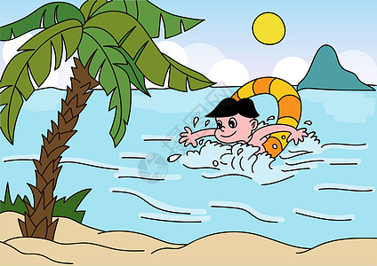 海上小岛游泳插画