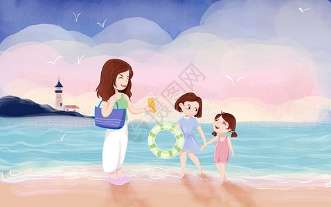 黄昏海边沙滩夏令营亲子活动暑假插画背景图片