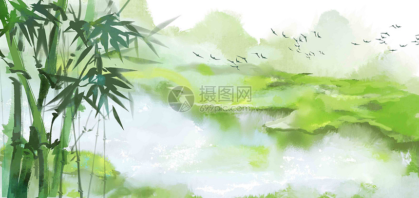 水墨竹子山水背景插画图片下载 正版图片 摄图网