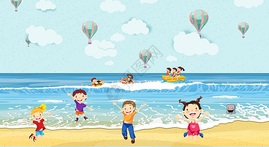 夏日海边玩耍小朋友们高清图片