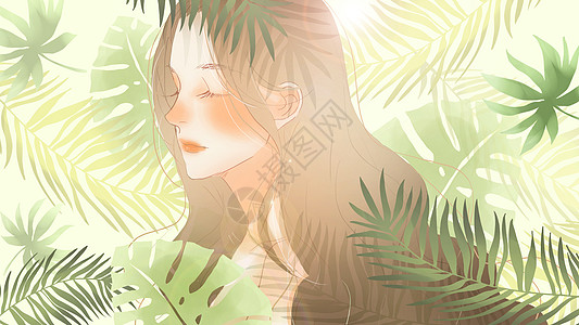 龟背叶绿植与少女插画