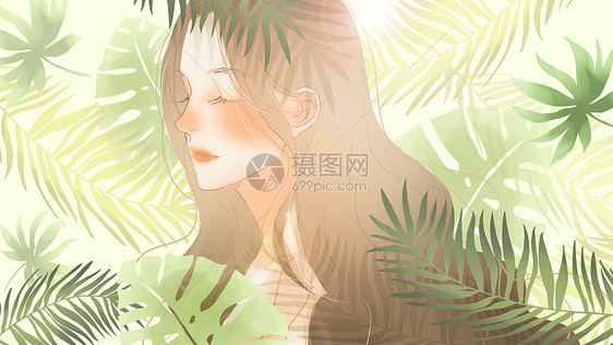 绿植与少女图片