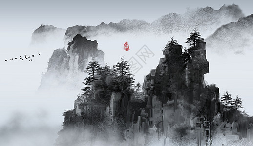 背景墙画面中国风水墨山水画插画