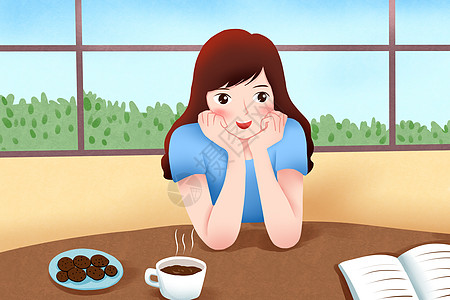 女孩喝下午茶插画高清图片