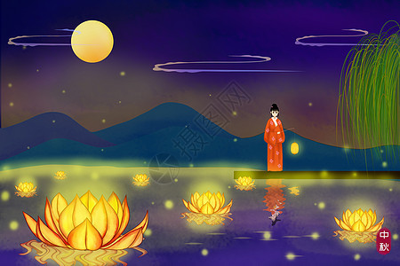 中秋节赏月插画图片
