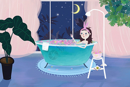 月亮和星星泡澡插画