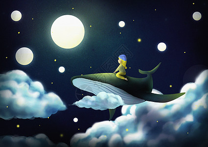 月亮升起小孩骑鲸鱼插画