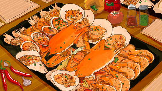 海鲜餐厅广告牌夏季海鲜美食插画插画