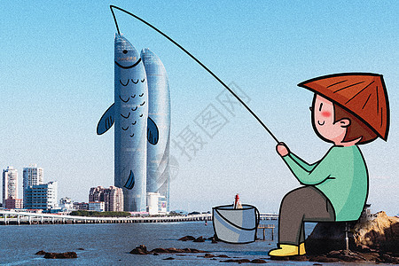 海边钓鱼创意摄影插画图片